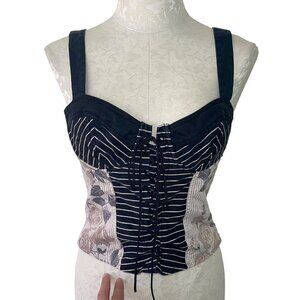 Paul Brial Vintage Womens Corset Top Size M Striped Floral Lace Up Smocked Back